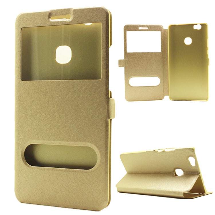 For Huawei Honor Note 8 Silk Texture Dual Windows Stand Leather Cover - Gold-1