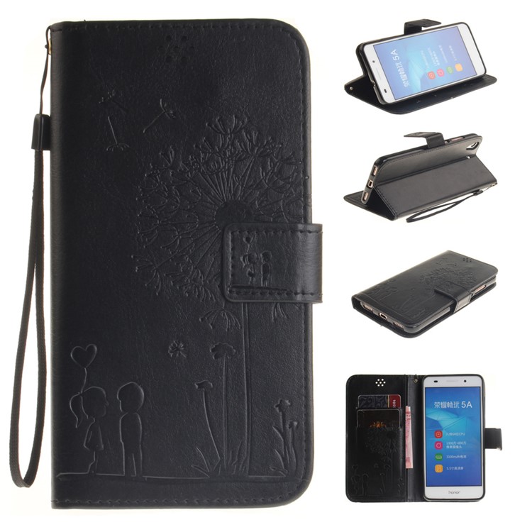 For Huawei Y6II / Honor 5A Dandelion and Lovers Leather Wallet Stand Case with Wrist Strap - Black-1
