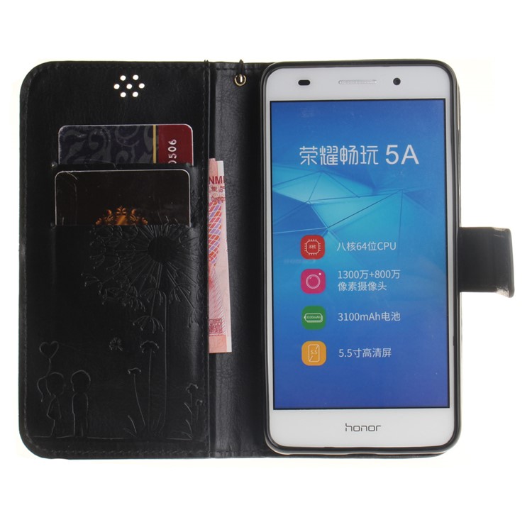 For Huawei Y6II / Honor 5A Dandelion and Lovers Leather Wallet Stand Case with Wrist Strap - Black-9