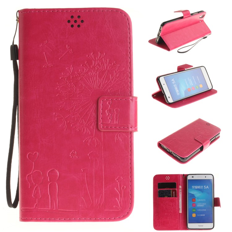 For Huawei Y6II / Honor 5A Dandelion and Lovers Stand Leather Wallet Case with Lanyard - Rose-1
