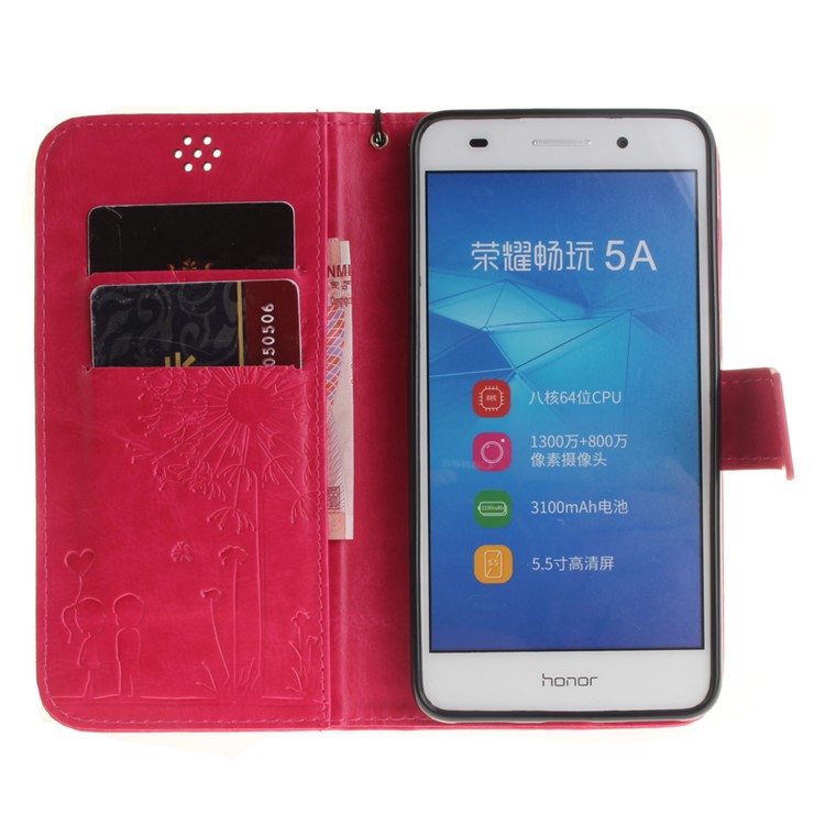 For Huawei Y6II / Honor 5A Dandelion and Lovers Stand Leather Wallet Case with Lanyard - Rose-9