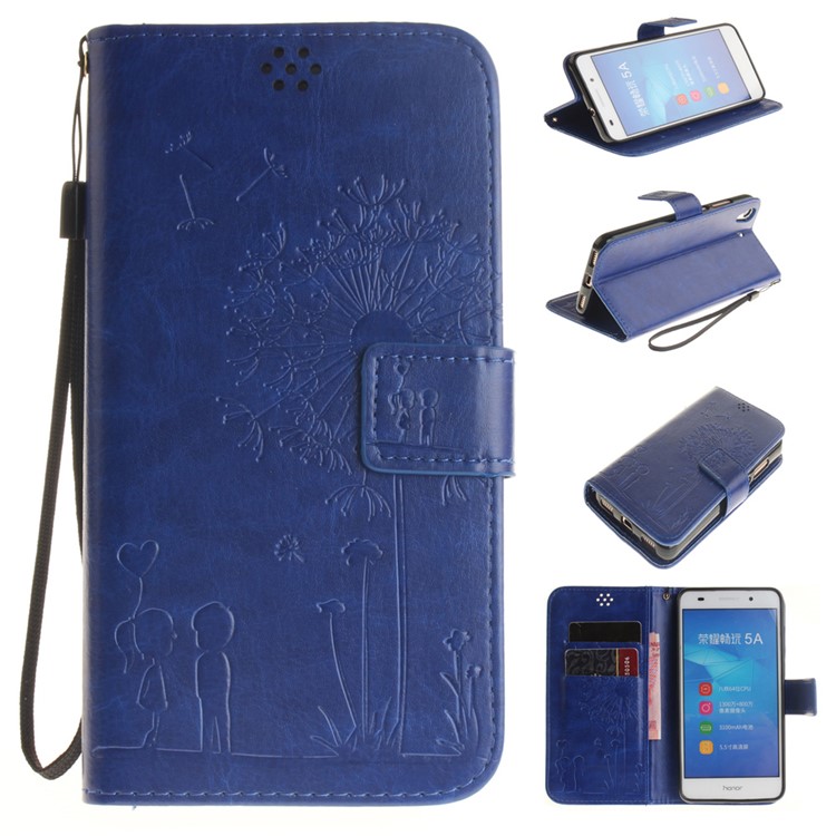 For Huawei Y6II / Honor 5A Wallet Stand Magnetic Folio Cover with Lanyard - Blue-1