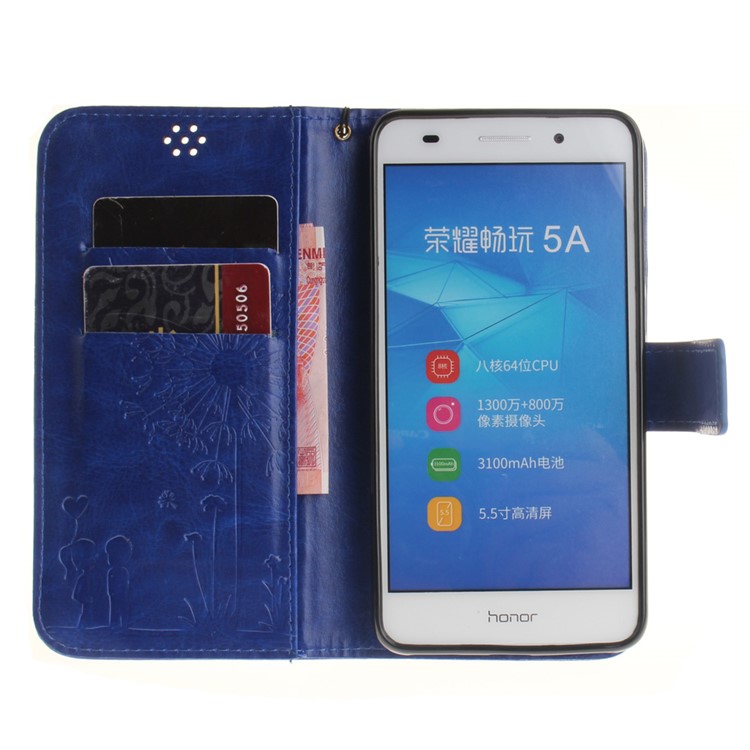 For Huawei Y6II / Honor 5A Wallet Stand Magnetic Folio Cover with Lanyard - Blue-9