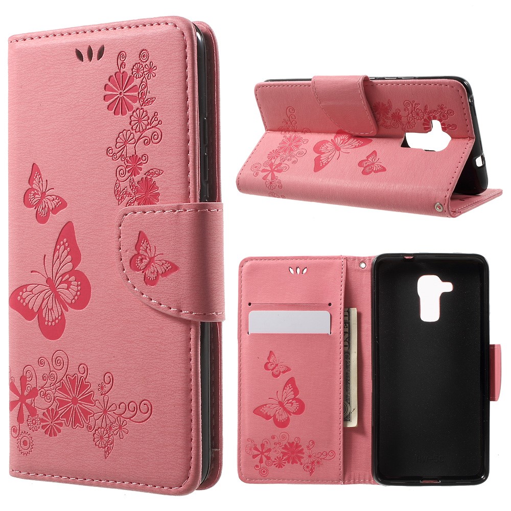 Imprint Floral Butterfly Leather Case Stand Card Holder for Huawei Honor 5c / GT3 - Pink-1