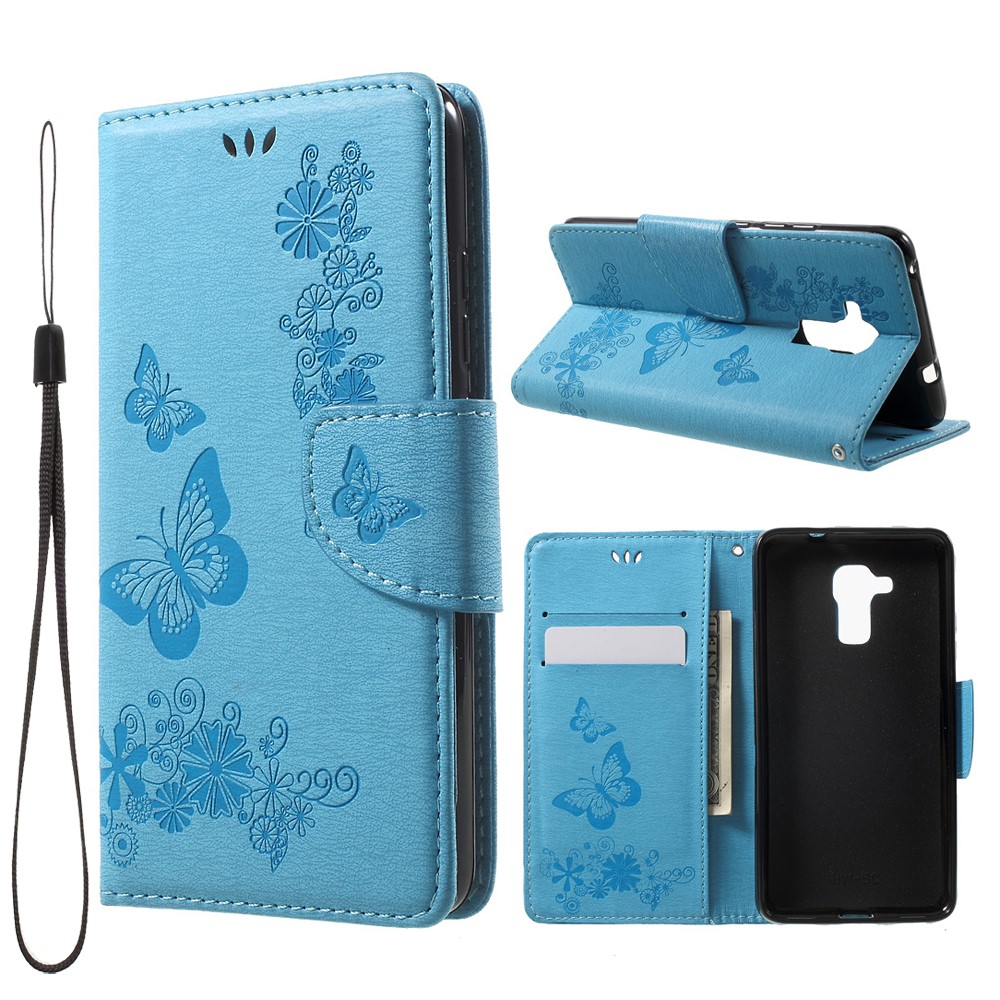 Imprint Floral Butterfly Leather Stand Card Slot Cover for Huawei Honor 5c / GT3 - Blue-1