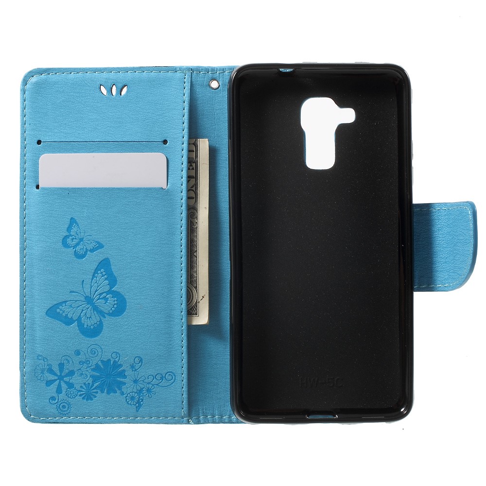 Imprint Floral Butterfly Leather Stand Card Slot Cover for Huawei Honor 5c / GT3 - Blue-4