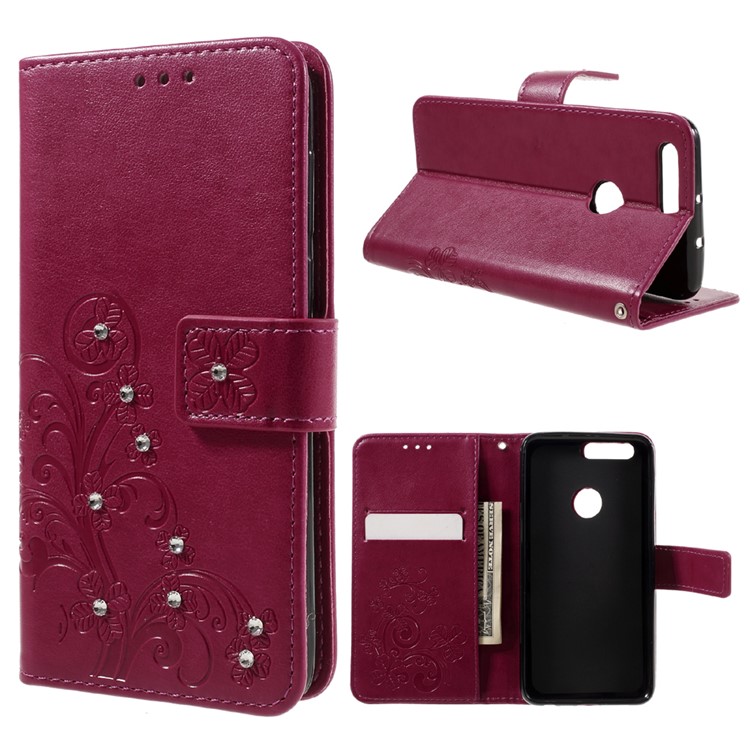 Imprint Leather Wallet Stand Shell for Huawei Honor 8 with Rhinestone Decoration - Rose-1
