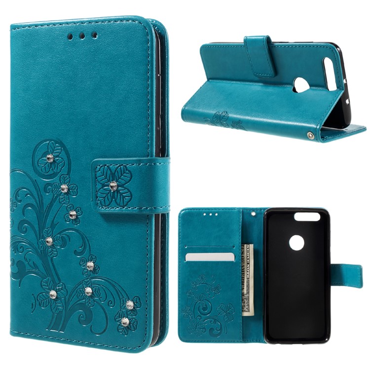 Rhinestone Decoration Leather Wallet Flip Case for Huawei Honor 8 with Handy Strap - Blue-1