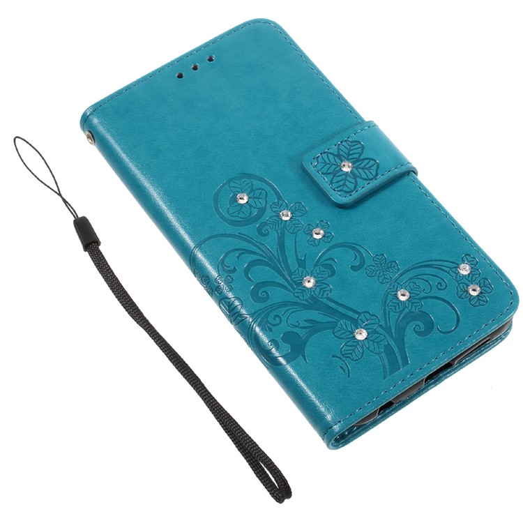 Rhinestone Decoration Leather Wallet Flip Case for Huawei Honor 8 with Handy Strap - Blue-4