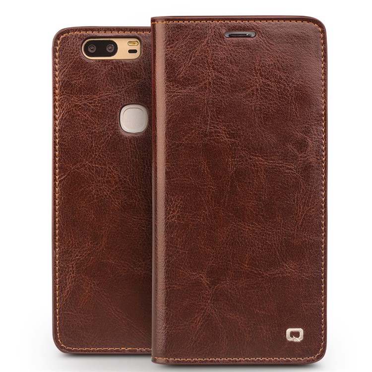 QIALINO Genuine Cowhide Leather Flip Case for Huawei Honor V8 - Brown-1