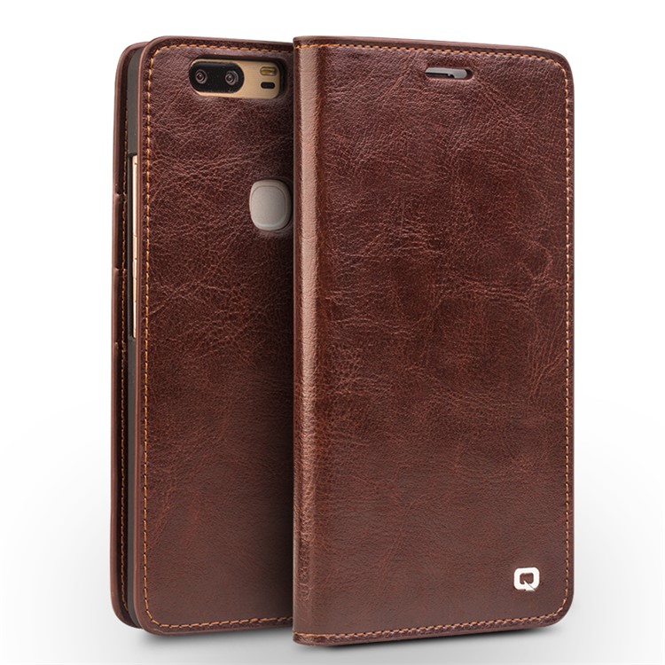 QIALINO Genuine Cowhide Leather Flip Case for Huawei Honor V8 - Brown-2
