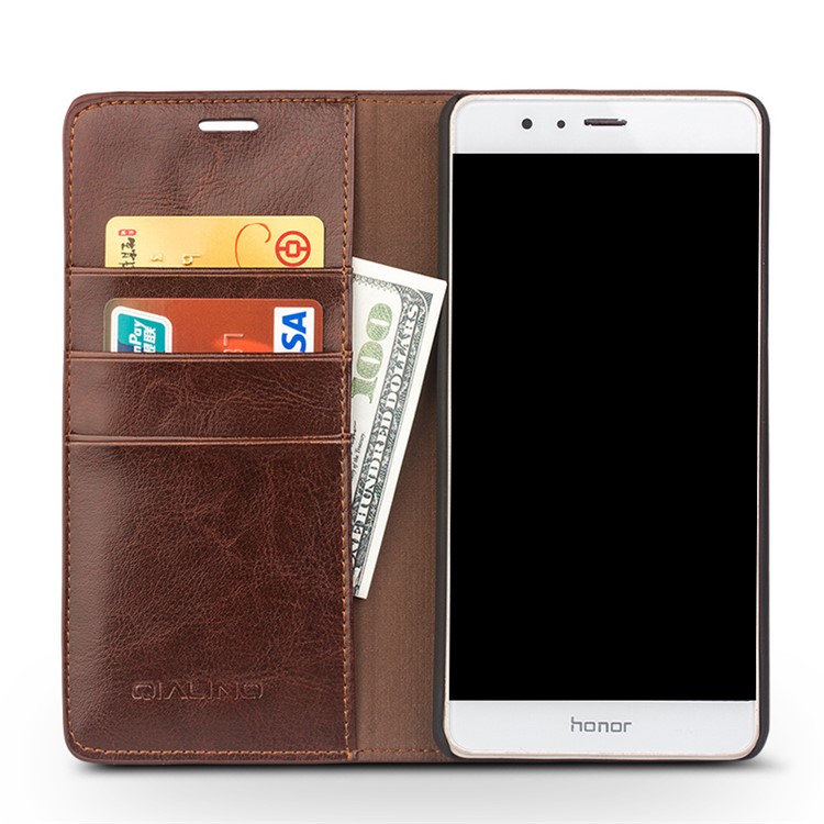 QIALINO Genuine Cowhide Leather Flip Case for Huawei Honor V8 - Brown-4