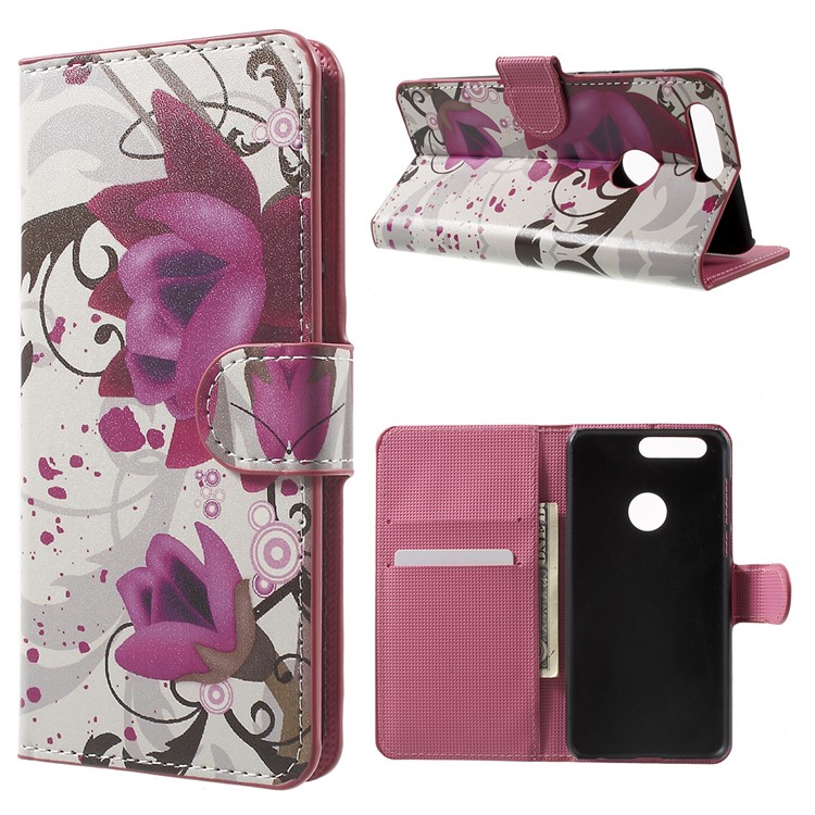 Patterned Leather Wallet Protection Case for Huawei Honor 8 - Kapok Flowers-1