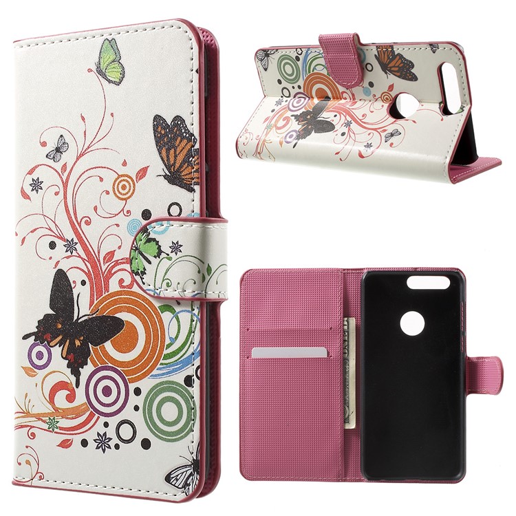 Wallet Stand Leather Patterned Cover for Huawei Honor 8 - Butterflies and Circles-1