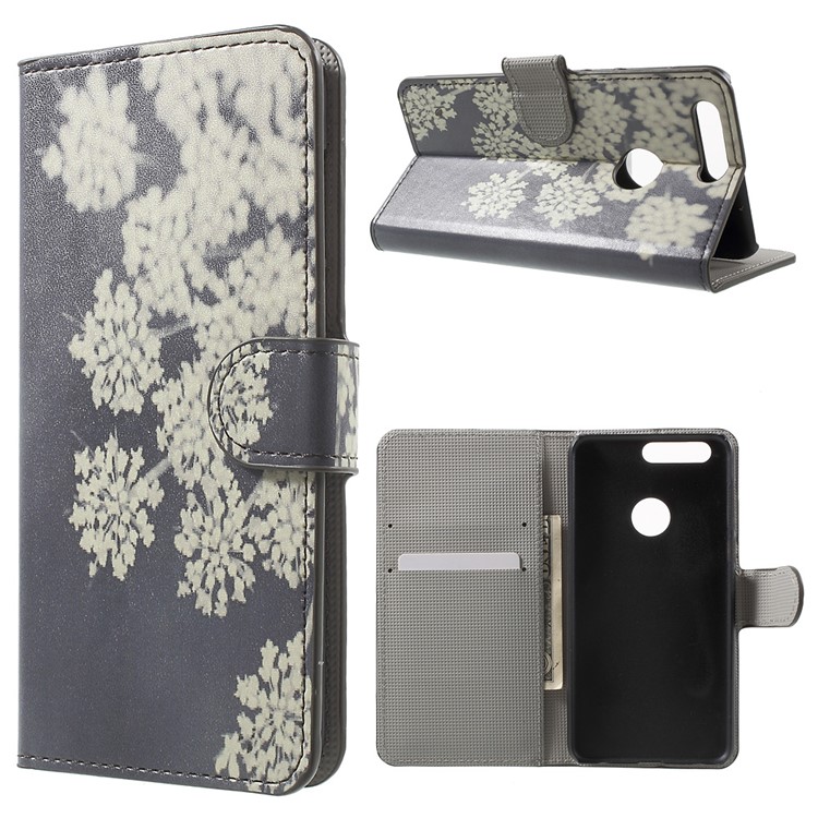 Patterned Leather Magnetic Flip Case for Huawei Honor 8 - White Flowers-1