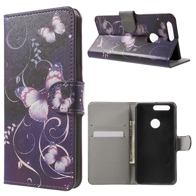 Stand Leather Patterned Cover for Huawei Honor 8 - Purple Butterflies and Vines-1