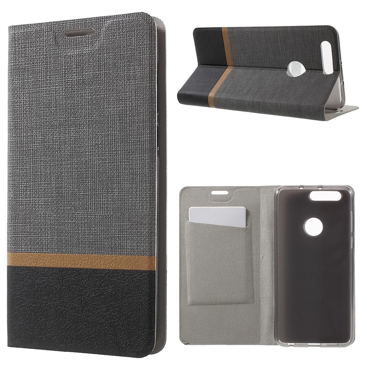 Cross Texture Leather Card Holder Cover for Huawei Honor 8 with Stand - Grey-1