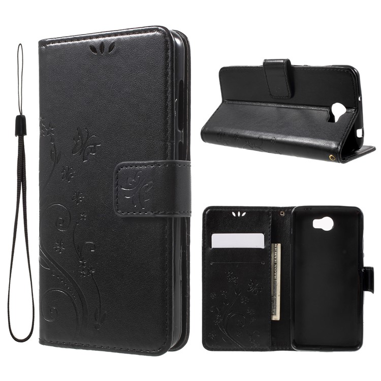 Butterfly Flowers Leather Wallet Case for Y5II / Y5 II - Black-1