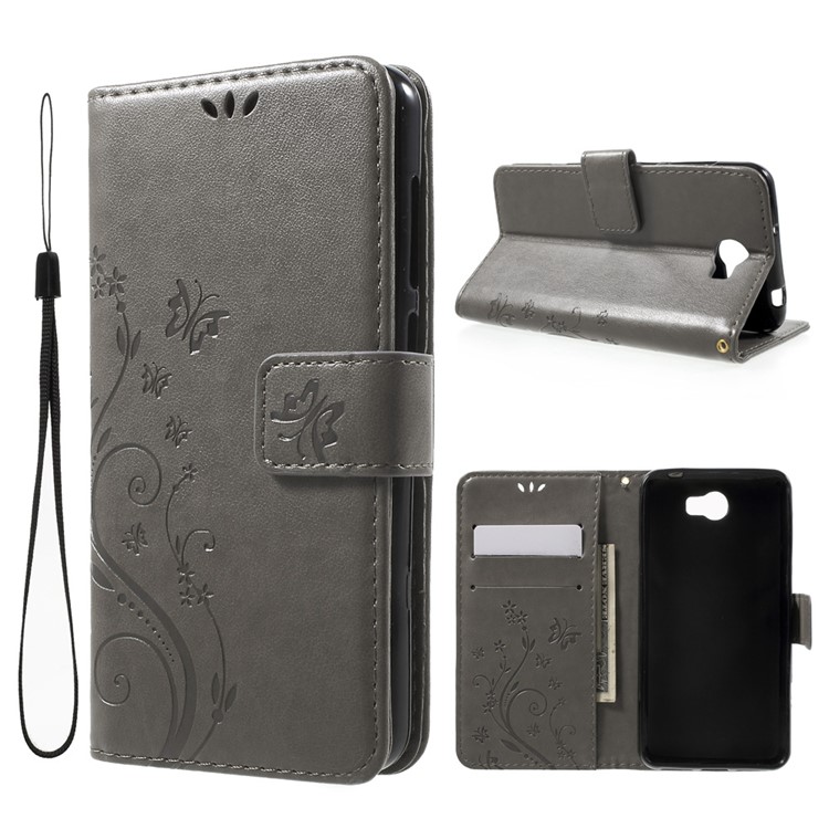 Butterfly Flowers Leather Wallet Cover for Y5II / Y5 II - Grey-1