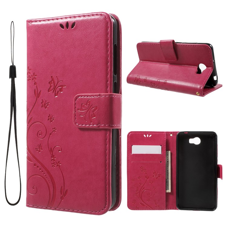 Butterfly Flowers Leather Wallet Case Cover for Y5II / Y5 II - Rose-1