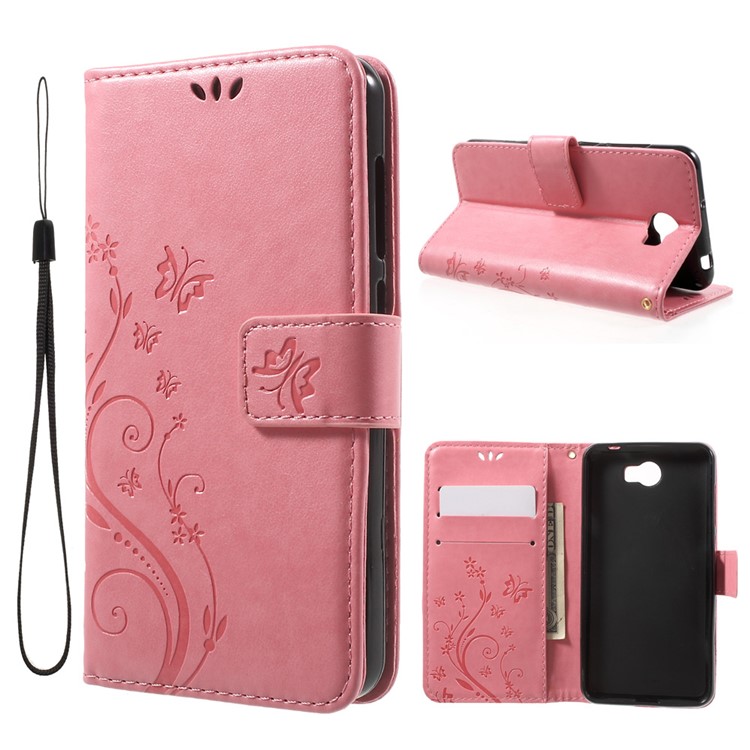 Butterfly Flowers Leather Wallet Cover Case for Y5II / Y5 II - Pink-1
