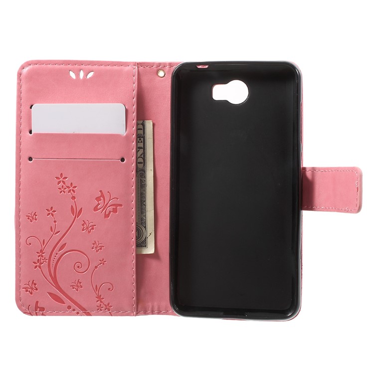 Butterfly Flowers Leather Wallet Cover Case for Y5II / Y5 II - Pink-4