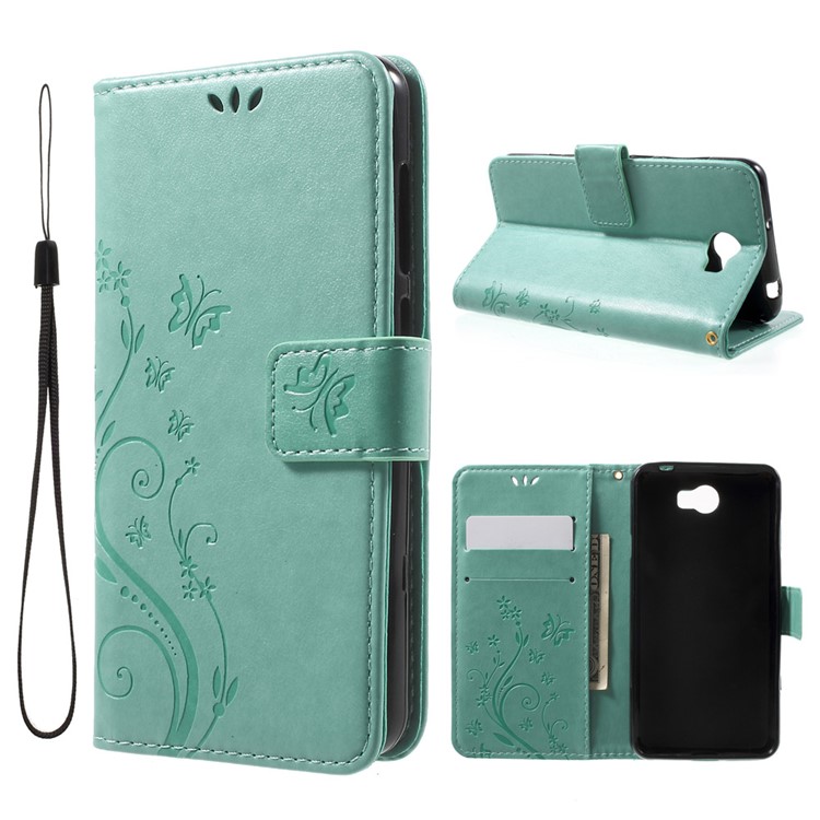 Butterfly Flowers PU Leather Wallet Case for Y5II / Y5 II - Baby Blue-1