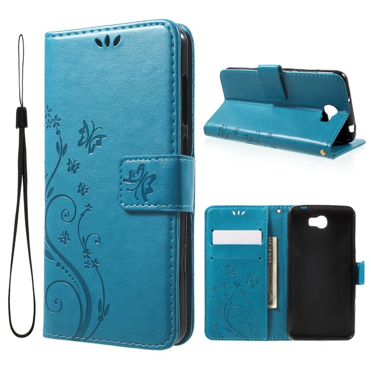 Butterfly Flowers Magnetic Leather Wallet Case for Y5II / Y5 II - Dark Blue-1