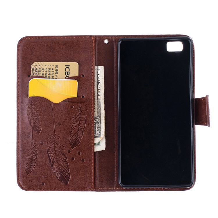 Imprint Dream Catcher Wallet Leather Magnetic Case for Huawei Ascend P8 Lite - Brown-3