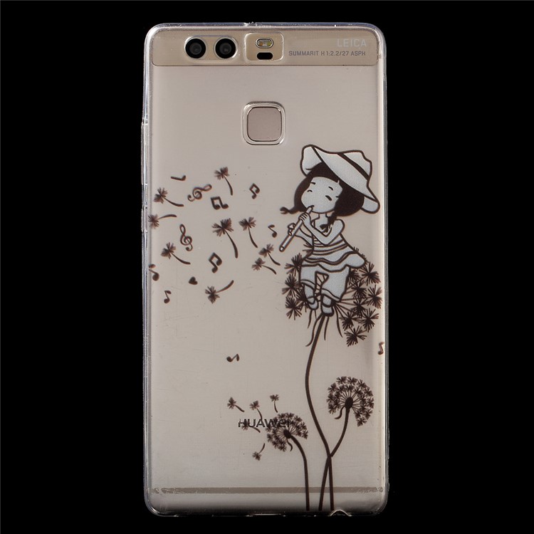 Gel TPU Patterned IMD Back Phone Case for Huawei P9 - Girl Playing the Flute and Dandelions-1