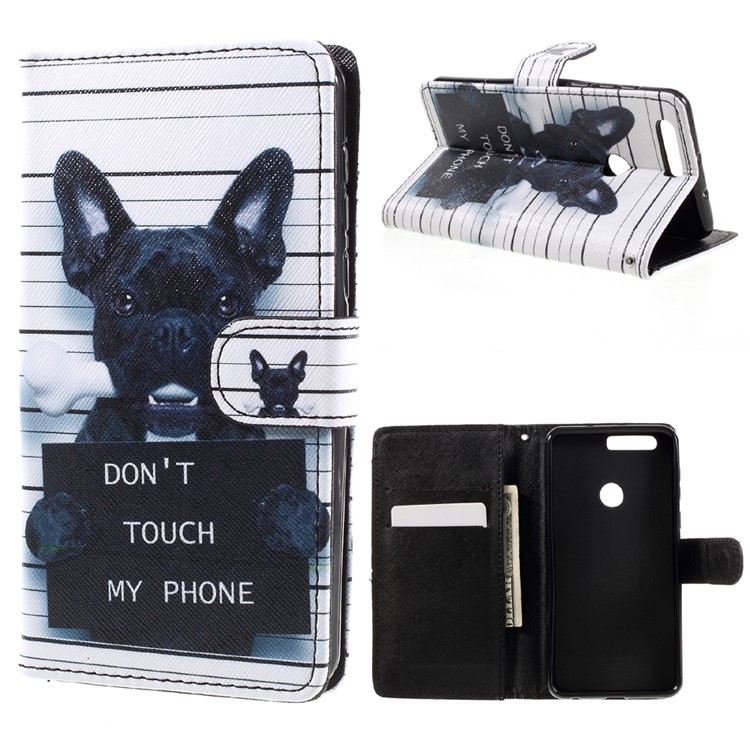 Patterned Leather Flip Cover for Huawei Honor 8 - Dog and Dot Not Touch My Phone-1