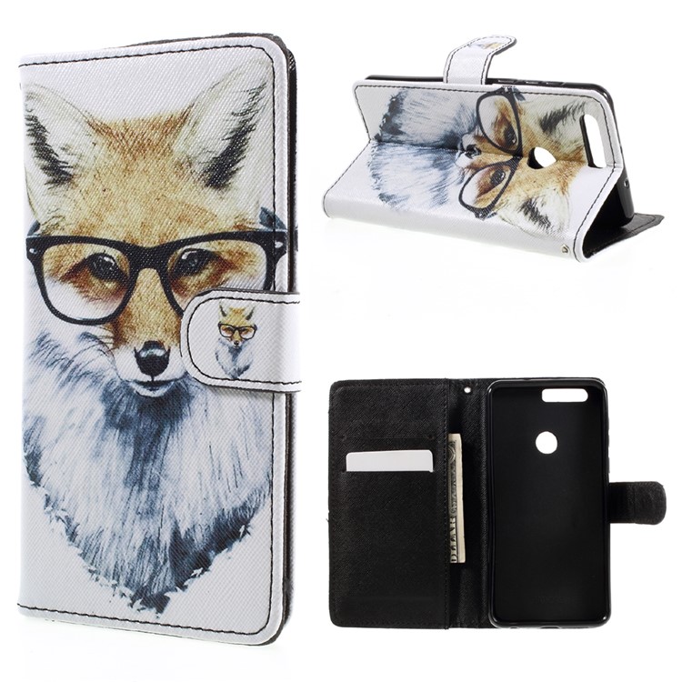 PU Leather Cover with Lanyard for Huawei Honor 8 - Fox Wearing Glasses-1