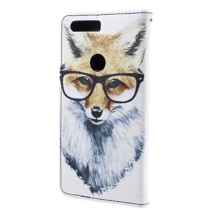 PU Leather Cover with Lanyard for Huawei Honor 8 - Fox Wearing Glasses-2