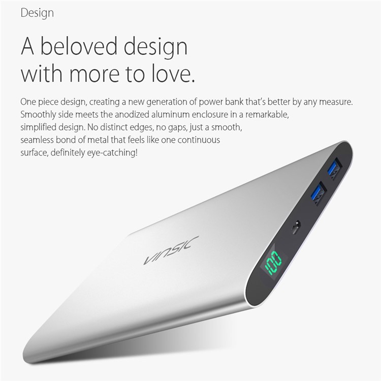 

VINSIC 15000mAh Dual USB Super Slim External Power Bank for iPhone iPad Samsung Huawei - Silver Color