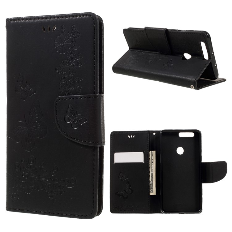 Imprinted Leather Wallet Stand Case for Huawei Honor 8 - Black-1