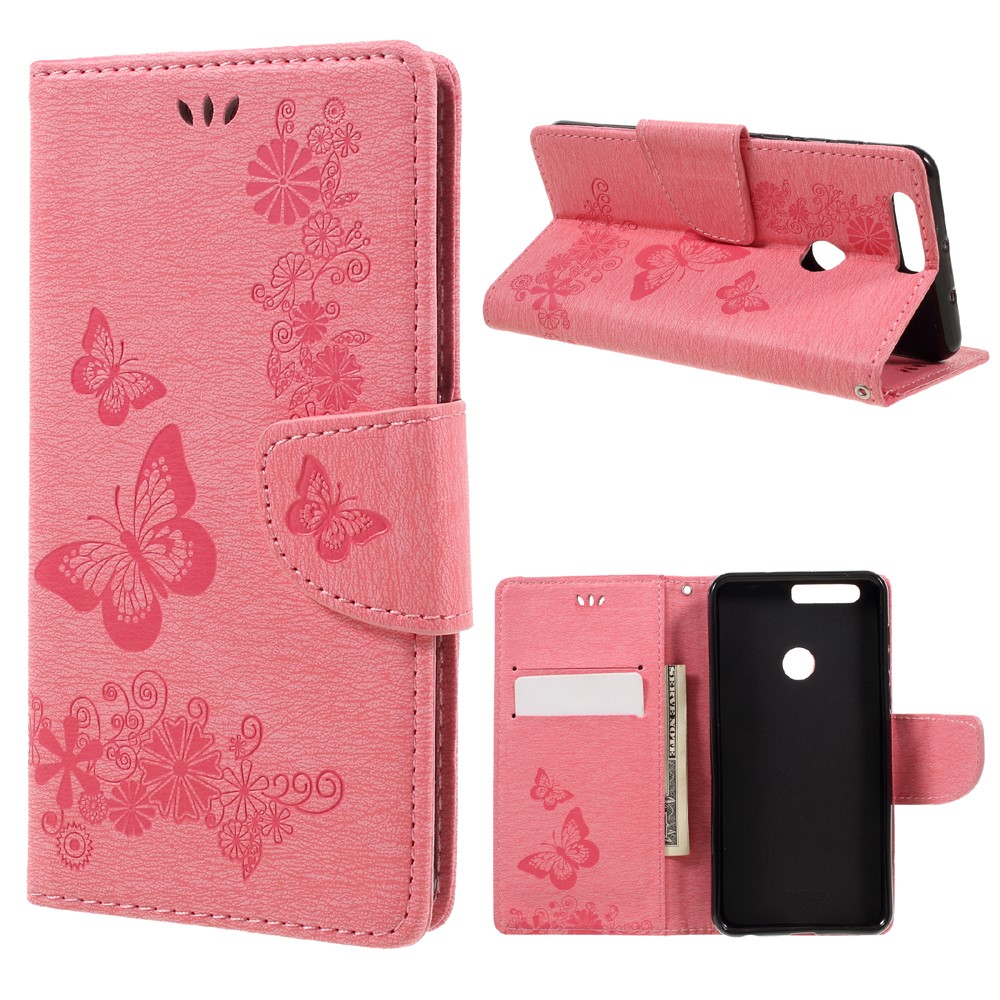 Imprinted Leather Wallet Phone Case for Huawei Honor 8 - Pink-1
