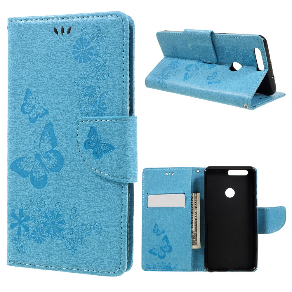 Imprinted Leather Wallet Phone Cover for Huawei Honor 8 - Blue-1