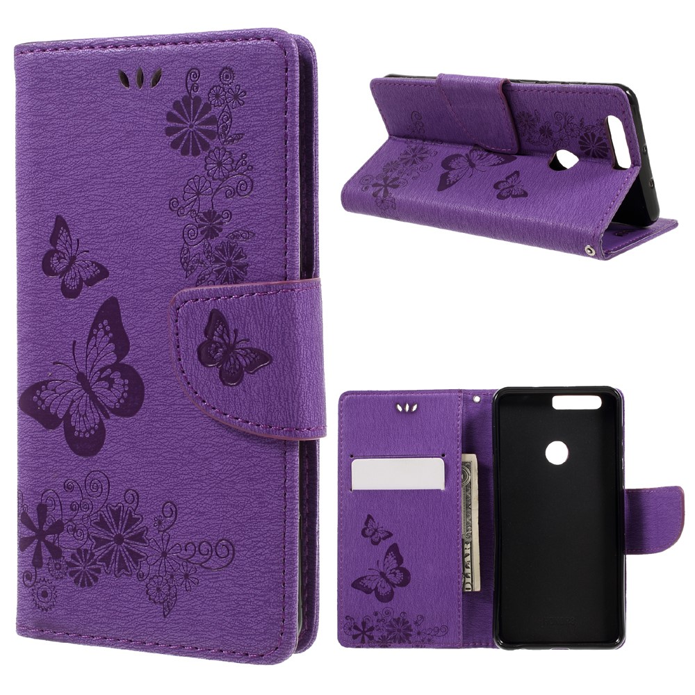 Imprinted Leather Card Holder Stand Shell for Huawei Honor 8 - Purple-1
