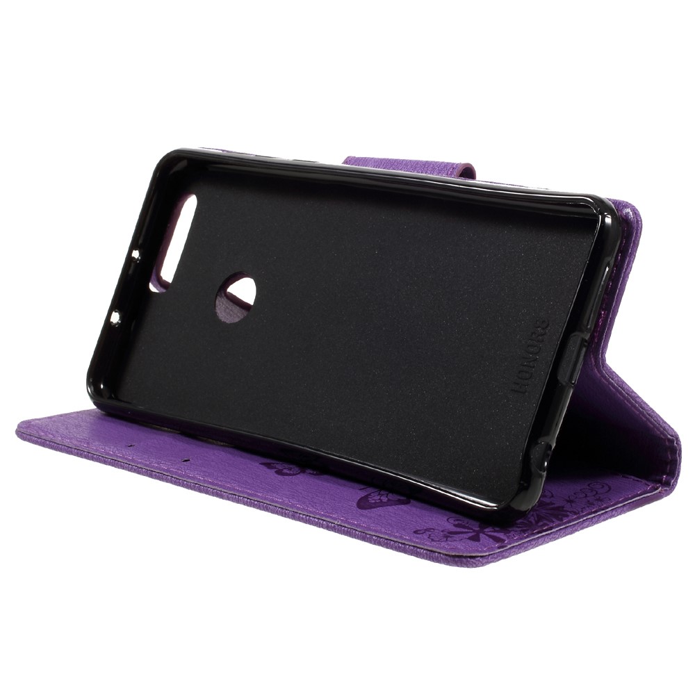 Imprinted Leather Card Holder Stand Shell for Huawei Honor 8 - Purple-4