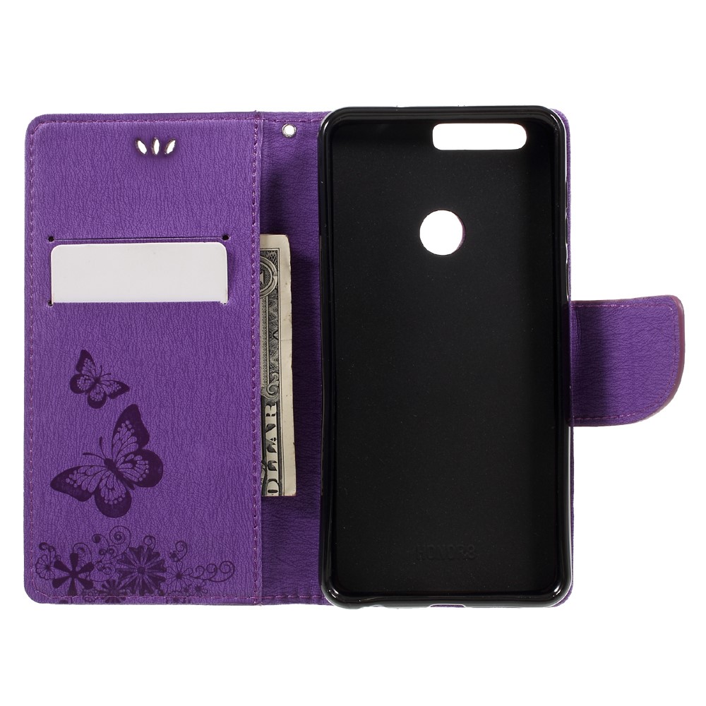 Imprinted Leather Card Holder Stand Shell for Huawei Honor 8 - Purple-6