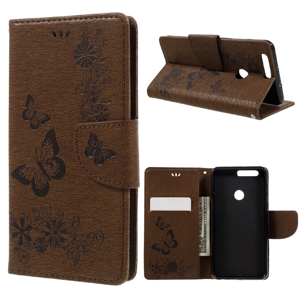 Imprinted Leather Stand Case for Huawei Honor 8 with Card Slots - Brown-1