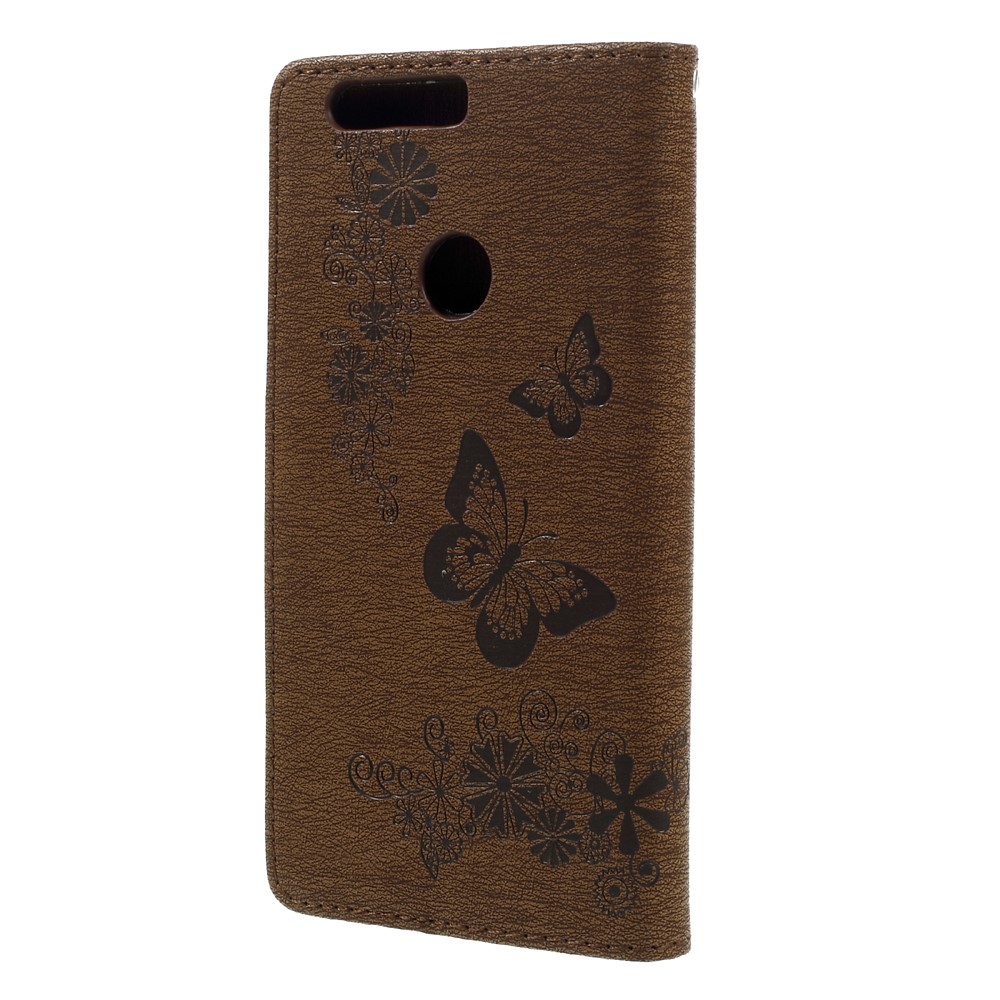Imprinted Leather Stand Case for Huawei Honor 8 with Card Slots - Brown-2