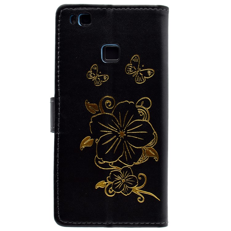 Lacquered Butterfly Flower Wallet Leather Stand Case for Huawei P9 Lite - Black-2