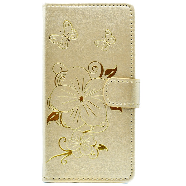 For Huawei Ascend P8 Lite Gilding Butterfly Flower Leather Cover Card Holder - Gold-1