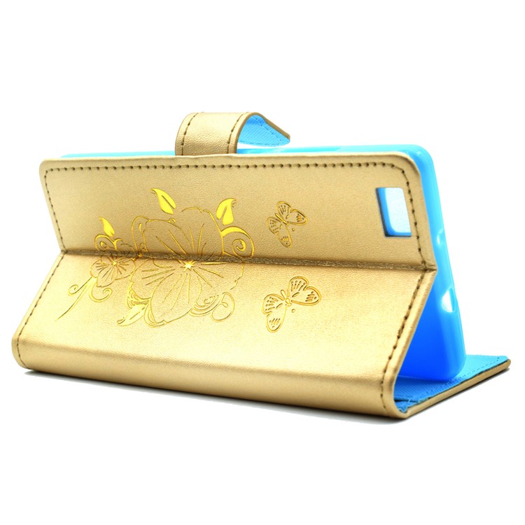 For Huawei Ascend P8 Lite Gilding Butterfly Flower Leather Cover Card Holder - Gold-3
