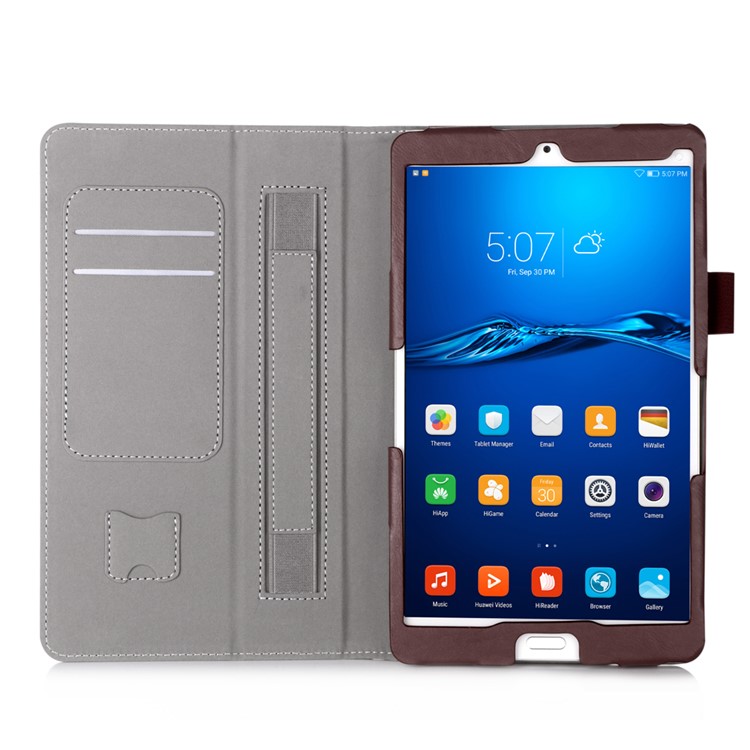 Leather Card Slot Stand Shell with Elastic Strap for Huawei MediaPad M3 8.4 - Brown-3