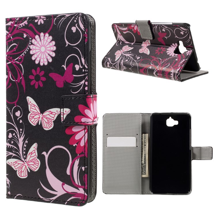 Pattern Printing Wallet Leather Stand Case for Huawei Y6 Pro / Enjoy 5 - Butterfly and Flower-1