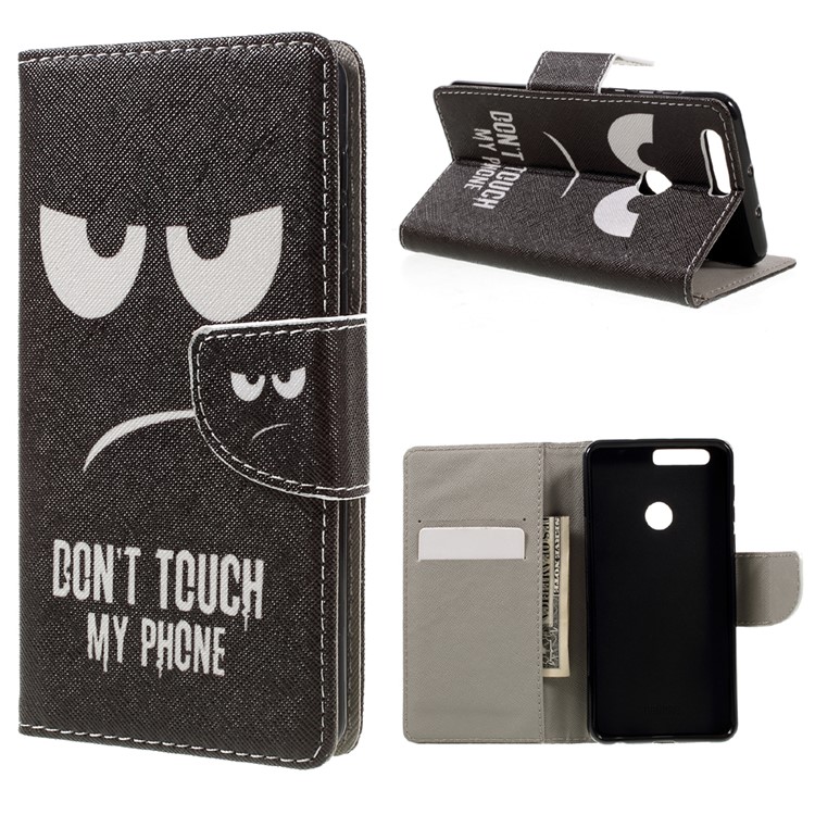 Patterned Leather Wallet Case for Huawei Honor 8 - Angry Face and Warning Words-1