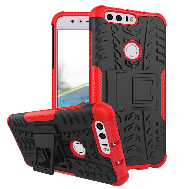 Anti-slip PC + TPU Combo Case with Kickstand for Huawei Honor 8 - Red-1