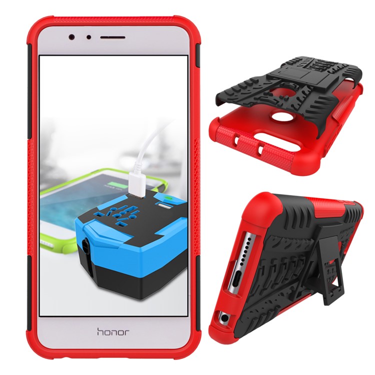 Anti-slip PC + TPU Combo Case with Kickstand for Huawei Honor 8 - Red-2